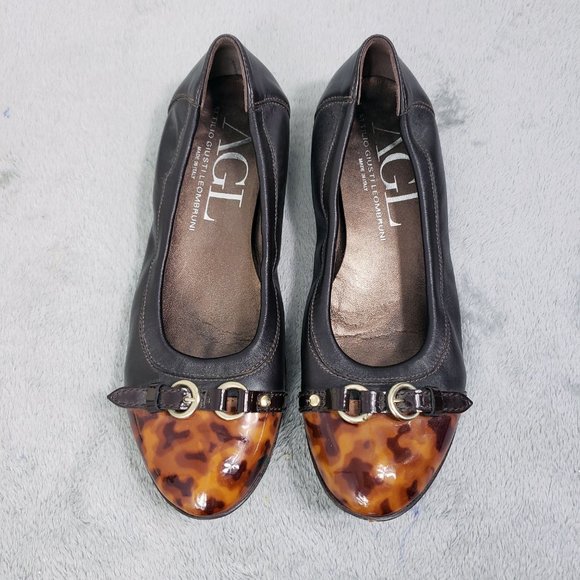 AGL Women's Italian Leather Leopard Print Toe Ballet Flats Slip On Loafers Shoes - Picture 3 of 14